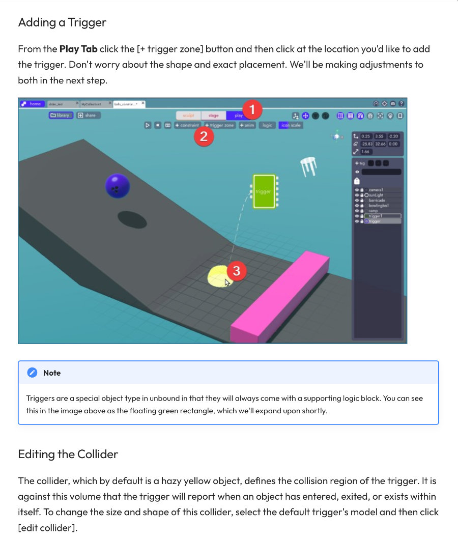 An Unbound guide page showing editor controls and animation concepts.